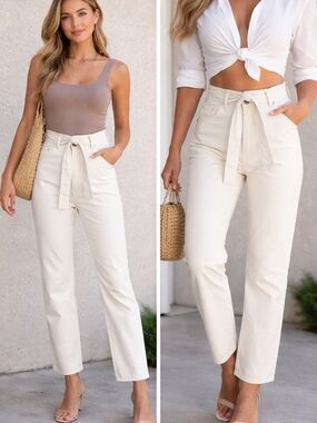 For All Mankind White Paperbag Waist Jeans Size 26 High Rise Belted